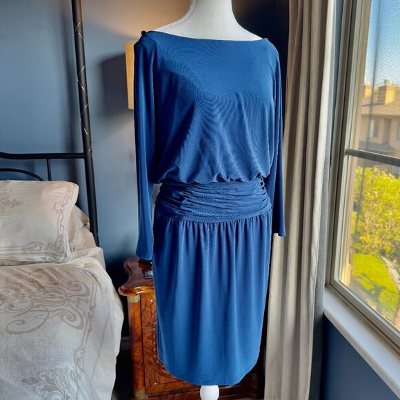 Evan Picone Royal Blue Boatneck Dress with Ruched Waist - Picture 2 of 10